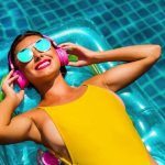 girl in headphones in the pool